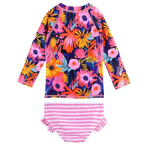 Image of XFGIRLS Girls 2-Piece Swimsuit Long Sleeve Rash Guard Set Toddler 6M-8Y | UPF 50+ blocks 98% UV, Quick-dry, Easy on /off, Bright colors stand out, Machine wash, Breathable, Beach, swim, water park
