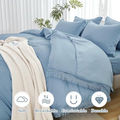Image of Andency Oversized King Comforter Set with Sheets 120x120 Grayish Blue - 7 Pieces Boho Tassel Bed in a Bag Soft Lightweight Bedding Sets, Fringe Bed Set with Comforter, Sheets, Pillowcases & Shams