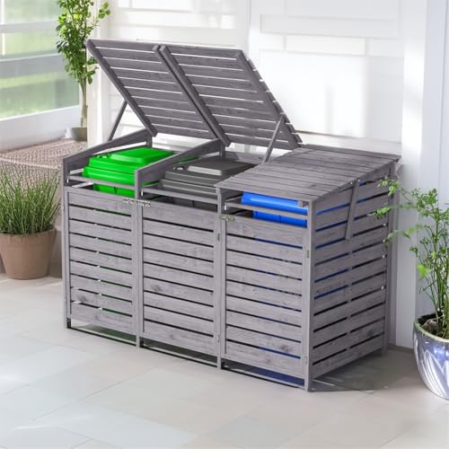 Warmiehomy 3 Wheelie Bin Storage 3 x 240L Wooden Bin Storage for Wheelie Bins Wooden Recycling Bins Store Outdoor 1 CM Thick Wood Board 198 x 86 x 122.5 CM Grey