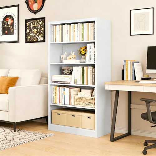 Image of 55 inch Tall White Bookcase, 5 Tier Metal Bookshelf with Adjustable Shelves, Deep Book Shelf Storage Shelves for Living Room, Home Office, Library