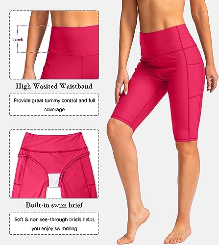 Image of SANTINY Women's High Waisted Swim Shorts with Pockets UPF50+ Long Board Swimming Shorts for Women with Liner
