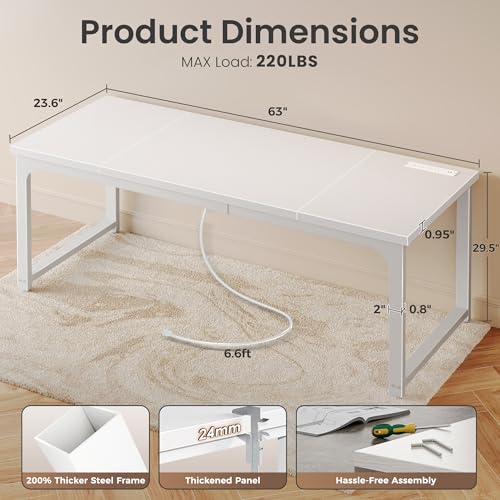 Image of Huuger 63 x 24 inch Desk with Power Outlets & USB-C, Deeper & Thicker Desktop, Robust Metal Tubes, Computer Desk, Heavy Duty Office Desk, Work Gaming Desk, for Home Office, White