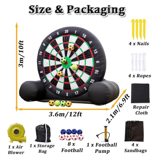 VFMVOYNZ Aufblasbare Fußball-Dartscheibe, 3 m hoch, Dart-Kick-Tor-Spiel mit 8 Klebebällen und Gebläse für Outdoor-Sportspiele, tragbares Fußball-Trainingsgerät für Erwachsene und Kinder – Bild 7