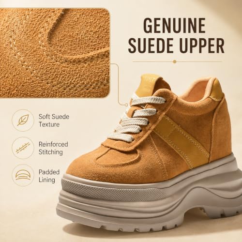 Image of Comfortable Women's Platform Sneakers, 5 Inch Heel Wedge Sneakers for Women, 12cm High Chunky Platform Shoes, Genuine Suede Leather Upper Casual Walking Shoes for Office Working Everyday wear