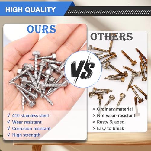 mxuteuk #8×1/2\" Self Tapping Screws,410 Stainless Steel Self Tapping Screws for Metal,Self Drilling Screws,Hex Washer Head Sheet Metal Screws Suitable for Wood, Metal or Tough Materials (230PCS)