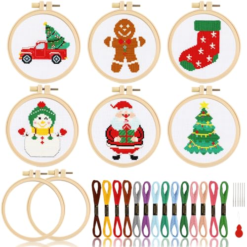Zoiiwa JC0680 6Pcs Christmas Cross Stitch Kits For Beginners Diy Embroidery Kit For Kids Adults Needlepoint Starter Kits Craft With Santa Snowman Gingerbread Man Socks Christmas Tree Truck Craft Supplies cover