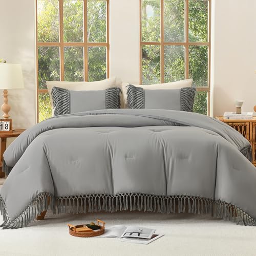 Image of Andency Comforter King Size Set Medium Grey, 3 Pieces Boho Tassel Lightweight Fluffy Bedding Comforters & Sets, Soft All Season Bed Set (104x90In Comforter & 2 Pillowcases)