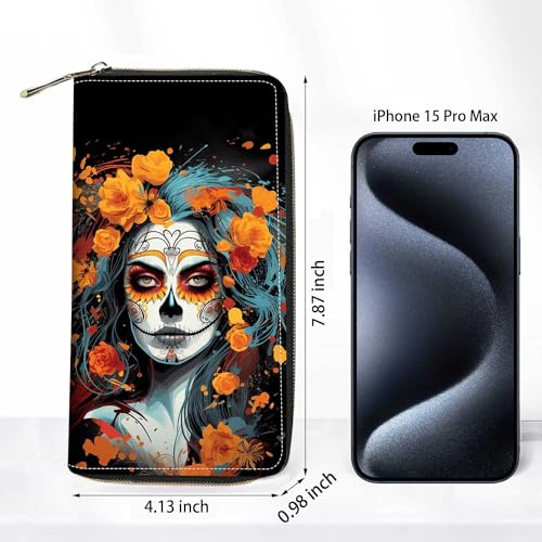 Sugar Skull Girl Flower Wallet for Women with Credit Card Holder Coin Money Clip PU Leather Zip Around Clutch Wallet2
