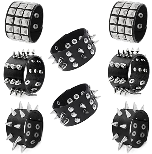 Jewdreamer 8 Pieces Punk Studded Bracelet Black Leather Rivet Bracelet Cuff Wrap Bangle Snap Button Metal Wristband For Men Women #TOP23