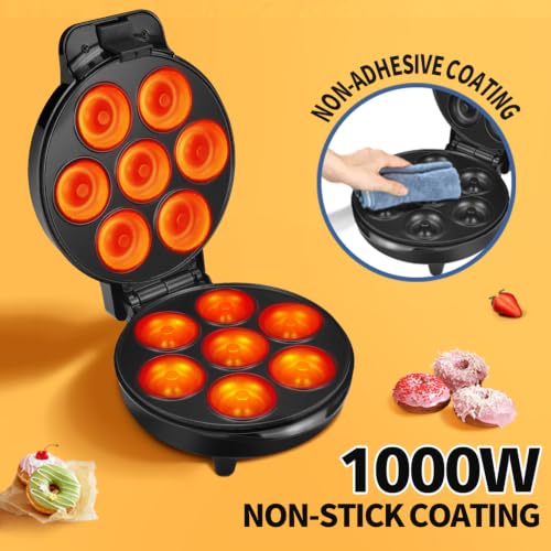 Image of DSP Mini Donut Maker - Non-Stick, 7 Donuts, Cool-Touch | Quick 3-Min Baking, Indicator Lights, Easy Wipe-Clean, Breakfast /Snacks /Desserts, Black