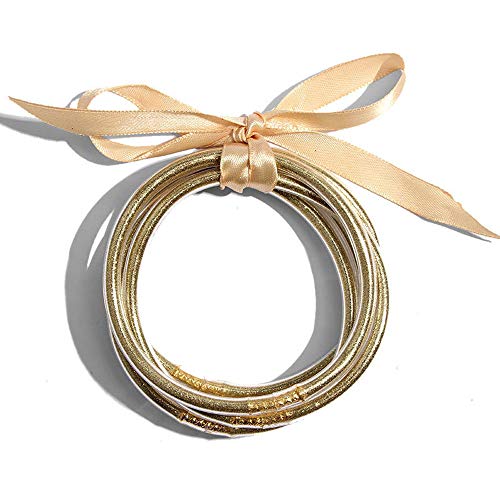 YUJIAXU 5Pcs Jelly Bangle Bracelet Set, Fashion Glitter Jelly Bangle Set with Ribbon Tie Deco (Champagne)
