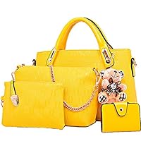 FiveloveTwo Damen 4Pcs Top Griff Satchel Hobo PU Leder Umhängetasche Handtasche Set Große Tasche + Geldbörse + Schultertasche + Kartenhalter gelb