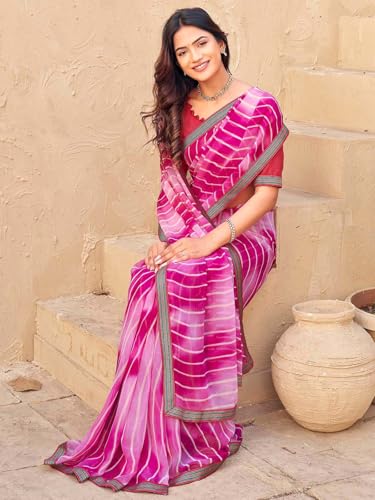 Image of SIRIL Women's Georgette Leheriya Printed Embroidery Lace Boarder Saree With Unstitched Blouse Piece