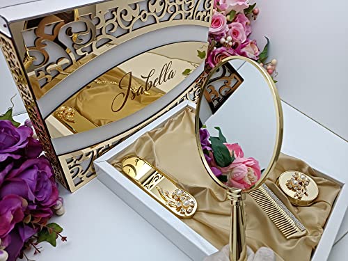 Makeup Vanity Mirror Comb Hair Brush Set | Vintage Antique Mirror Comb Brush | Antique Vanity Makeup Mirror Gold Vanity Mirror Hair Brush Set | Hand Beauty Mirror | Comb And Mirror Set (Gold) #TOP4