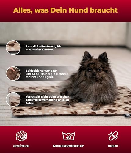 HS-Hundebett® Hundedecke S (55x75 cm) – Wendbar & gemütlich Dank 3 cm Füllung – Perfekt fürs Sofa, Auto & Hundebox – Pfote Beige, Made in DE