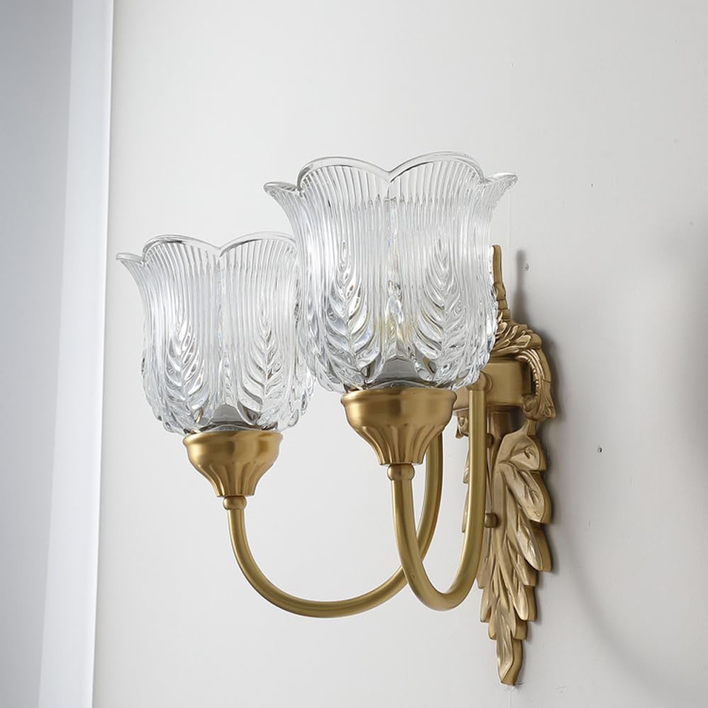 Applique da Parete Moderna in Ottone, Lampada da Parete Floreale retrò, Lampada da Parete Rustica Vintage in Rame con Paralume in Vetro Trasparente Goffrato, apparecchio di Illuminazione per la c