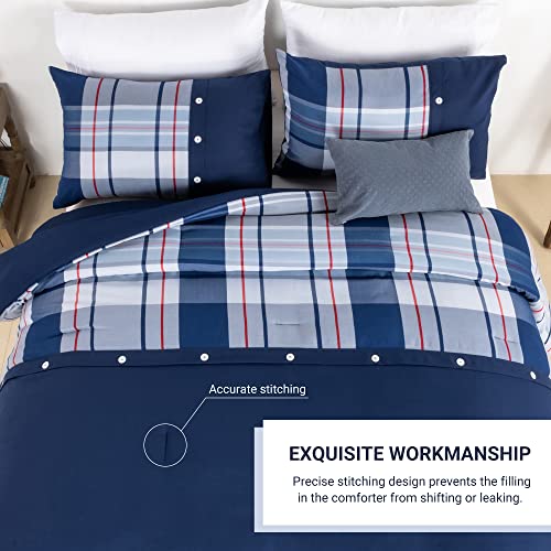 Rosecret Queen Size Yarn-Dyed Plaid Comforter Set With Unique Splicing And Button,3Pcs Soft Microfiber Bedding Set Including 1 Comforter And 2 Pillowshams(Blue&Twill) #TOP3