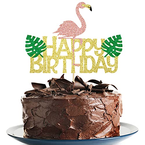Flamingo And Leaf Cake Topper, Tropical Happy Birthday Cake Topper, Ahola Hawaiian Birthday Party Decoration Supplies #TOP7