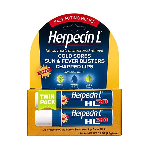 Herpecin L Lip Balm Stick; Cold Sore, Sun & Fever Blisters and Chapped Lips Relief Lip Balm with SPF30, Lemon Balm, and Lysine; 0.1oz - 2 pack
