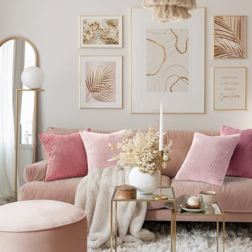 Image of Topfinel Pink Throw Pillow Covers 16x16 Inch Set of 4,Soft Farmhouse Corduroy Decorative Cushion Cover,Square Cute Pillow Case for Gril's Bedroom Couch Sofa Living Room,Spring Series Home Decor