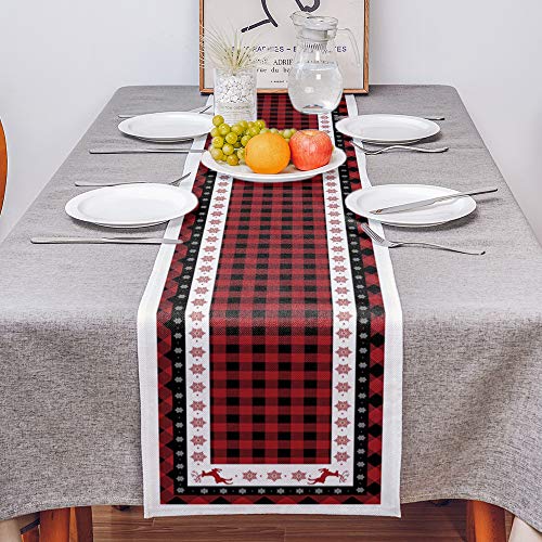 Christmas Table Runner-Red Black Buffalo Plaid Check-Cotton Linen-Winter Dinner Scarf Décor,Long 108 Inch Holiday Reindeer Tree Dresser Scarves,Xmas Kitchen Coffee/Dining Home Living Room Tablerunner - Thumbnail 2