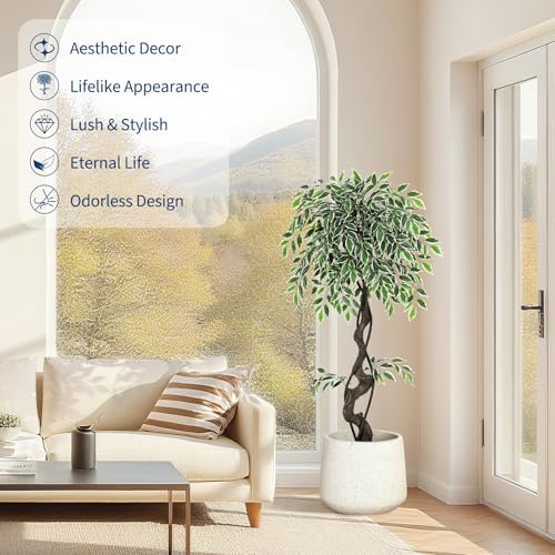 GarveeHome Artificial Ficus Tree for Home Decor Indoor,4FT Faux Floor Tree White Imitation Ceramic Planter, Indoor Outdoor Lifelike Fake Ficus Tree with Pebbles & Green Fake Moss for Office