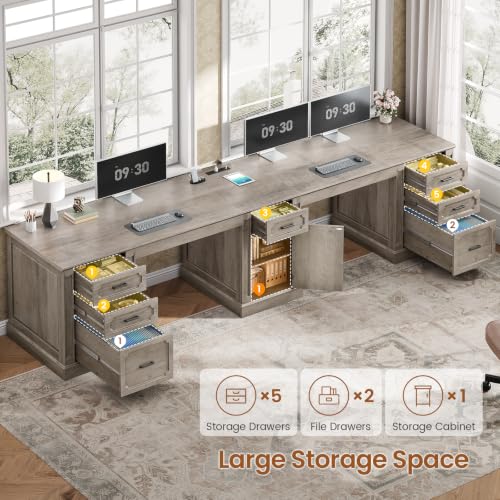 Image of SEDETA Farmhouse 110.3 inch Two Person Desk with 7 Drawers, Long Computer Desk with Storage Cabinet, 2 Person Desk with Power Outlets for Home Office, Gray