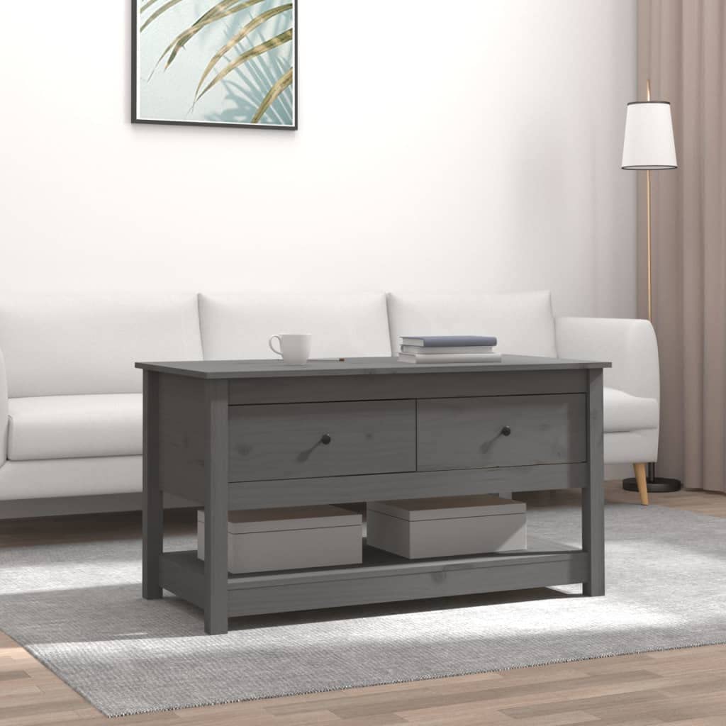 Table basse grise en pin massif 102 cm avec tiroir de rangement et table d'appoint