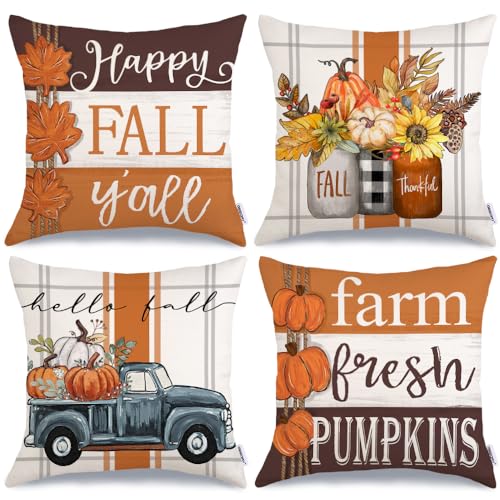 GEEORY Fall Pillow Covers 18 x 18 Inch Set of 4, Happy Fall Y'all Stripes Pumpkins Mason Jar Thankful Decor, Cushion Cases for Farmhouse Home Party Sofa Couch (Brown) G355-18