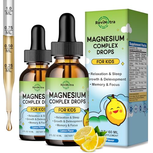 Image of (2 Pack) Magnesium Glycinate Liquid for Kids, Kids Magnesium Liquid Drops Supplement with L-Theanine, Calcium, Zinc, Vitamin D3 K2 for Sleep Calm Relaxation Brain Bones Focus, Lemon Flavor 4 Fl Oz