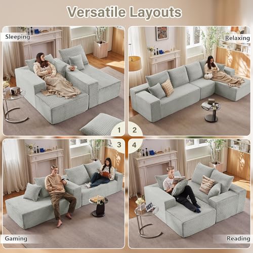 Image of 135 inch Cloud Sectional Couch with L-Shape Chaise, Modern Modular Comfy Sofa Chaise Longue, Upholstered Corduroy Couches Sleeper with Deep Seat for Living Room Bedroom, No Assembly Required, Grey