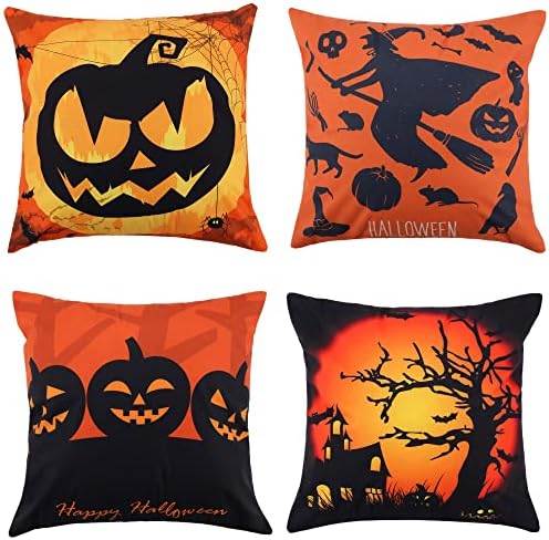 Kitmose Halloween Pillow covers18x18, Set of 4 Halloween Decor Throw Pillow Covers,Orange Black Lantern Pumpkin Fall Pillow Case Halloween Throw Cushion Cover Pillowcases Decoration for Sofa Home