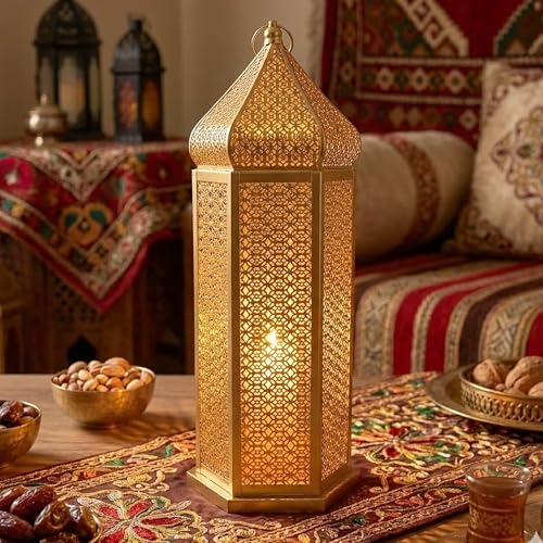 Image of VELA LANTERNS 53cm Extra Large Tower Temple Moroccan Lantern Lamp Decorative Candle Holders for Ramadan Decorations, Hanging, Outdoor Patio or Porch, Indoor Home Decor, Gold