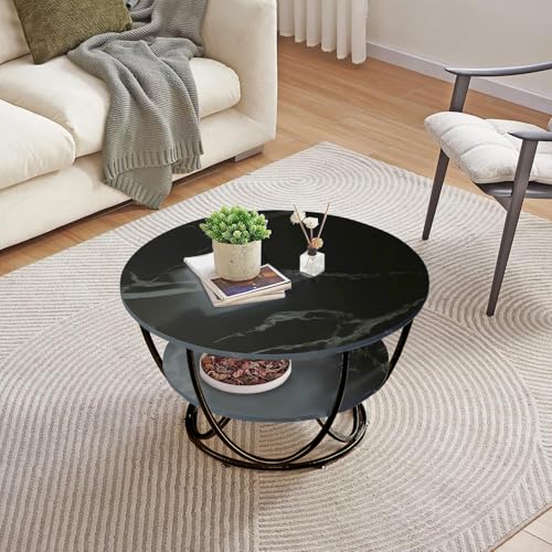 Image of Round Coffee Table Modern Sofa Side End Table for Living Room Center Table with 2 Shelf Storage Wooden Marble Print Tabletop Full Black