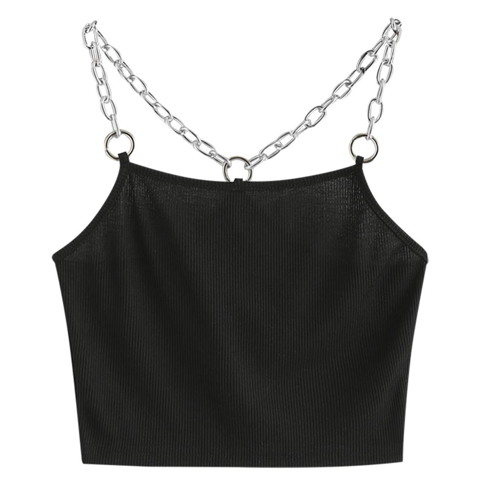 Women's Chain Strap Ribbed Racerback Solid Cami Crop Tank Top