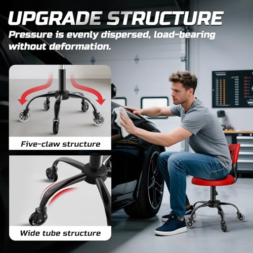 Image of Rolling Shop Stool with Wheels, Mechanic Garage Short Stool Chair with Adjustable Height 15.55 inch-18.3 inch, Heavy Duty Swivel Roller Seat for Garage, Salon and Tattoo Beauty, Red