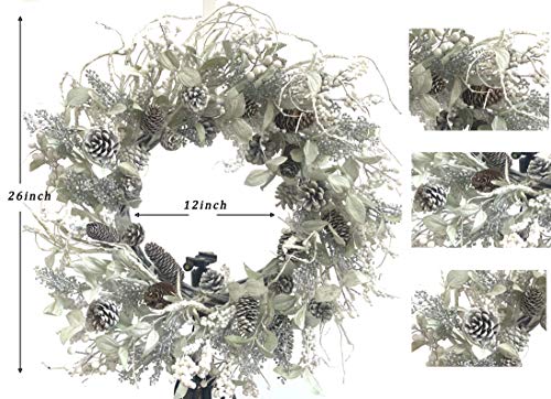 Spring Front Door Wreath 26 Inch Spring Birch Wreath White Berry Wreath With Iced Pine Cones, Holly Leaf, Branch White Winter Christmas Wreaths For Front Door Or Indoor Wall Window Thanksgiving Décor #TOP1