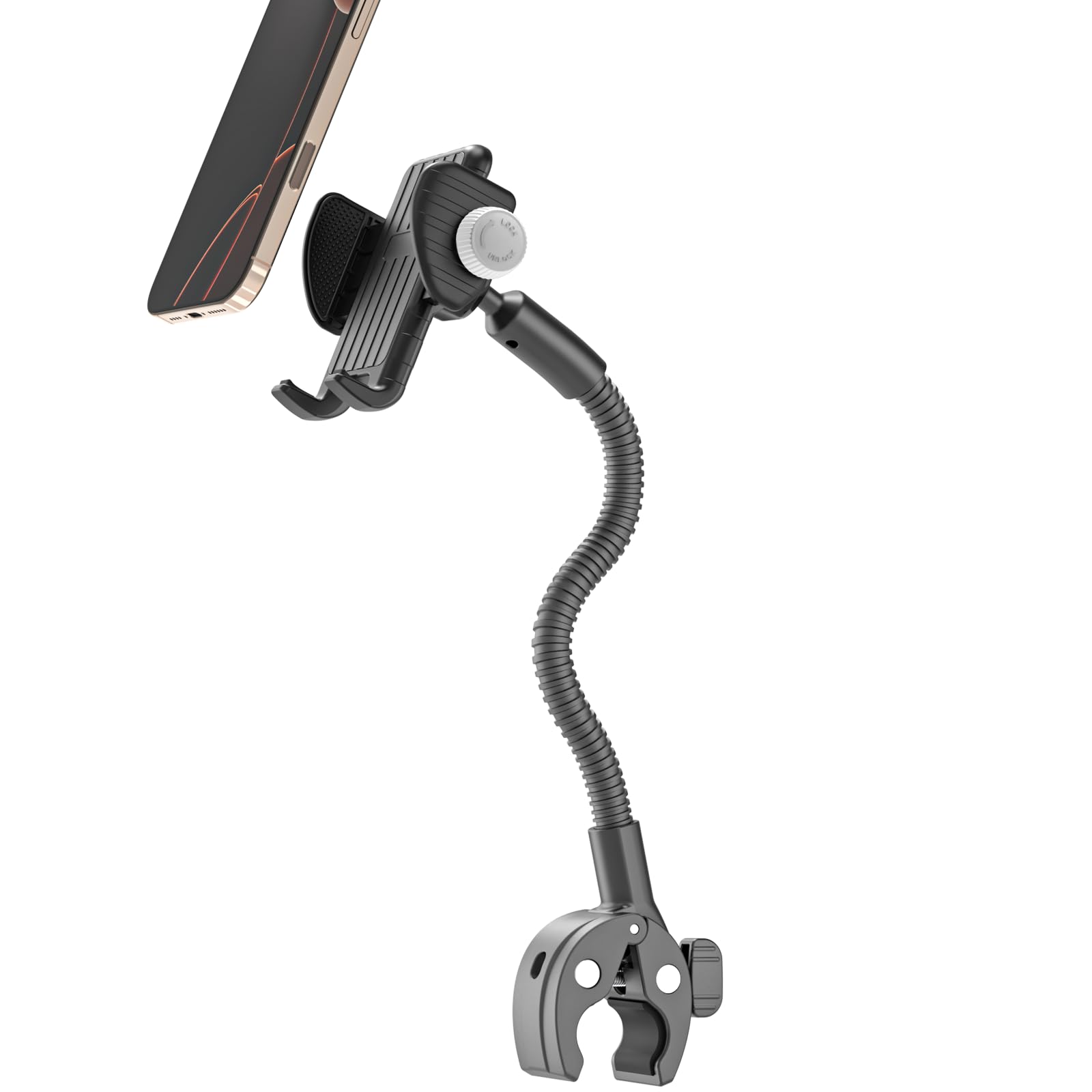 Charchendo Rollstuhl- und Kinderwagen-Handyhalterung mit flexiblem Schwanenhals-Arm, sichere, rutschfeste Lenkerhalterungsklemme, passend für 16, 15, 14, 13, 12 Pro Plus Max Mini und 10,2–17,8 cm