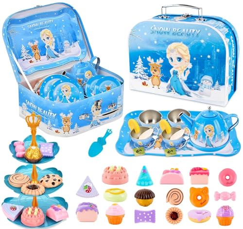 ilauke 59 Pcs Tea Party Set, Frozen Princess Theme, Magical Pretend Play Toys with Teapot Tray & Desserts, Portable Carrying Case, Birthday Gift for Girls Age 3-9