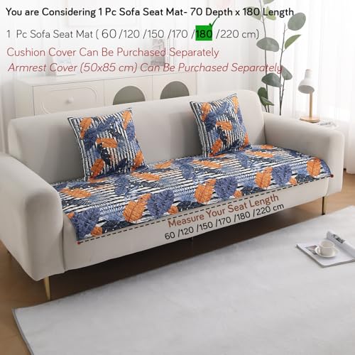 Image of HOKIPO 'LiefNest' Holland Velvet Sofa Cover Mat with Foam Filling for 1 /2 /3 Seater & L-Shape Sofa. Make Your Own Sofa Cover Set, Mat Size: 180(L) cm, Tropical Leaves Dusk Blue (IN-825-D5)
