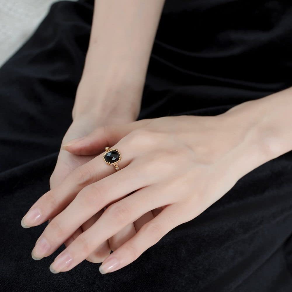 Anello In Argento 925 Da Donna,Anelli Sfaccettati Regolabili Per Donna Quadrato Nero Onice Argento Sterling 925 Micro Pavé Zircone Retro Placcato Oro 7 Chakra Anelli Di Promessa Per Ragazze Signore