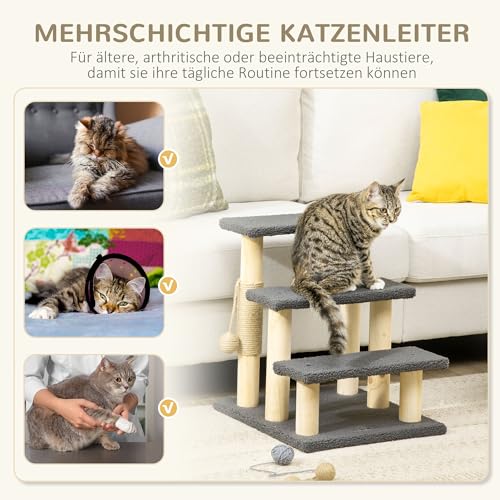 PawHut Katzentreppe 3-stufige Tiertreppe, 48 cm Haustiertreppe mit Sisalsäule, Hundetreppe mit Spielball, Einstieghilfe für hohe Betten, Kiefernholz, Grau+Natur
