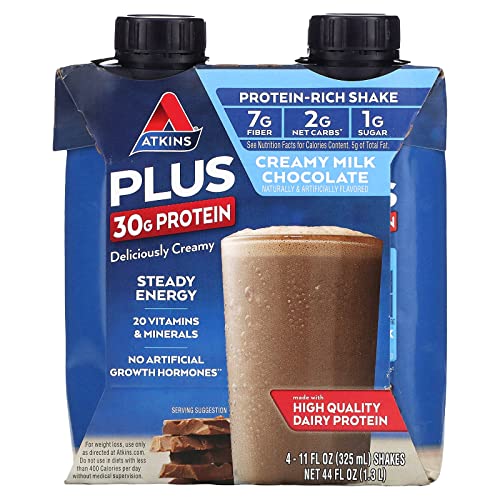 Atkins, PLUS Protein & Fiber High Protein Shake, Creamy Milk Chocolate, 4 - 11 ounce bottles( 44 fl ounces )