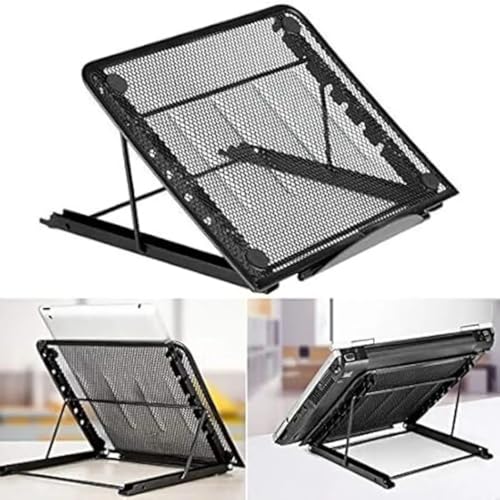 Image of Tithu Mart Metal Mesh Adjustable Laptop Stand, Ventilated Stainless Steel Laptop Holder, Ergonomic Height Adjustable Desk Stand, Portable Cooling Laptop Riser for Universal Laptops (Black)