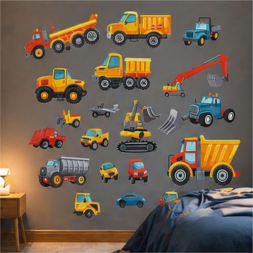 Image of Construction Vehicles Wall Sticker for Ki-ds | Self Adhesive Cartoon Truck, Excavator & Dump Truck PVC Wall Decal for Bedroom, Nursery & Playroom