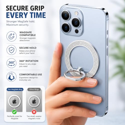 Image of BROLAVIYA Magnetic Phone Ring Holder Grip, Ultra Slim Metal Finger Ring Stand with 360 Rotation, Strong Magnet, Kickstand for iPhone 16 /15 /14 /13 /12 Series & Magnetic Compatible Cases, Silver