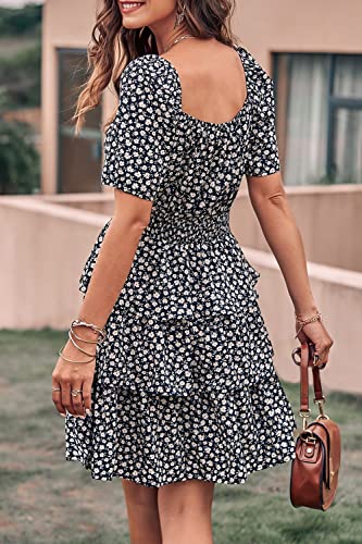 Image of PRETTYGARDEN Women's Summer Floral Ruffle Short Dress | Short Sleeve Square Neck, Flowy Tiered Hem, Fit and Flare, Flower Boho Dresses, Cute Beach Vacation Outfits, Fashion Clothing