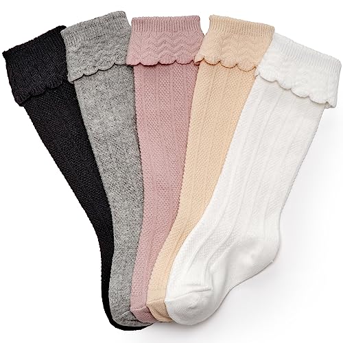 Image of CozyWay Ruffled Baby Knee High Socks for Girls, 5 Pack, Neutral Pastels, 6-12 Months Old