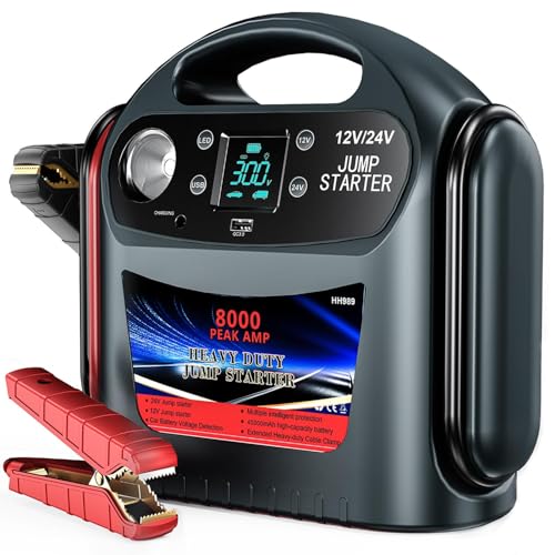 8000A Car Battery Jump Starter, Heavy Duty Jump Box for Gas & Diesel Vehicles, 12V/24V Portable Power Pack with LED Light for Trucks, SUVs, Commercial & Diesel Engines