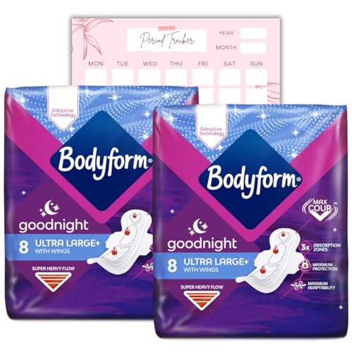 Body Form Ultra Goodnight Sanitary Towels with Wings Pk 2, 16 (8 x 2 Packs) Period Pads for Night Use, Super Heavy Flow, Cour-V Ultra Night with Caliko Period Tracker